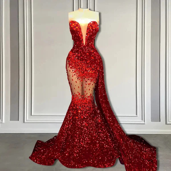 Red Sweetheart Mermaid Prom Dresses With Crystal