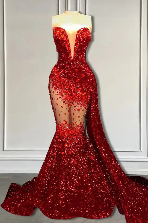 Red Sweetheart Mermaid Prom Dresses With Crystal