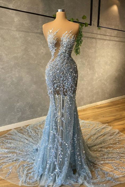 Sexy Light Blue Strapless Sequins Sheath Prom Dresses