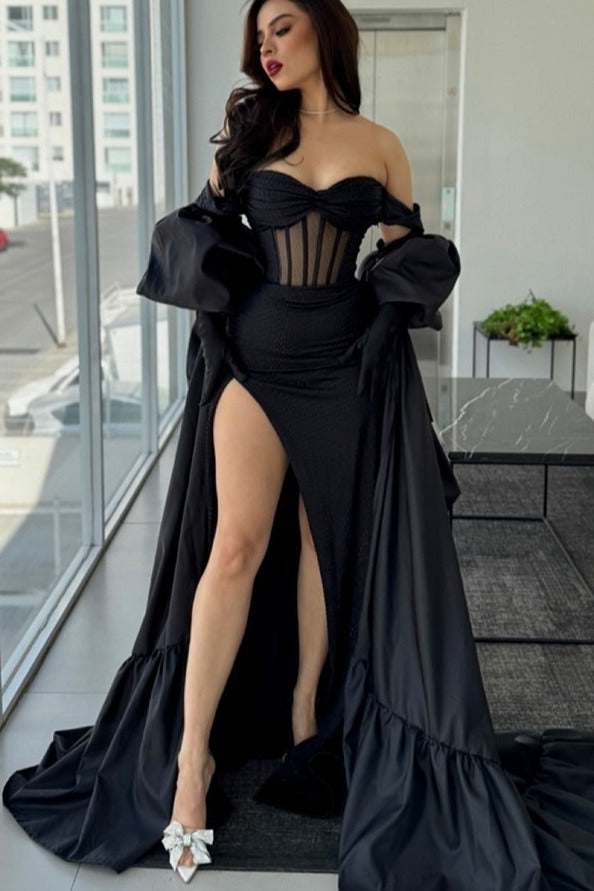Decent Black Satin Off-the-shoulder High Split Evening Dresses With Gloves