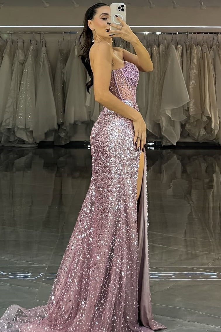 Sparkle Pink Sequins Strapless High Split Beadings Evening Dresses
