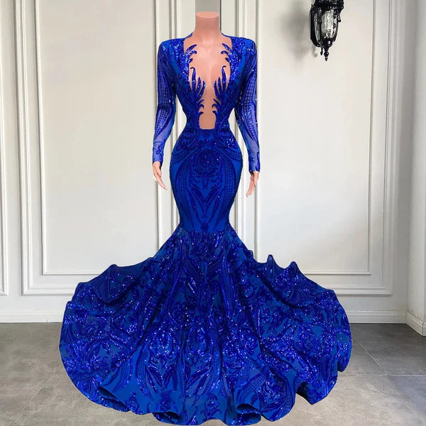 Royal Blue V-Neck Long Sleeves Sequins Mermaid Prom Dresses
