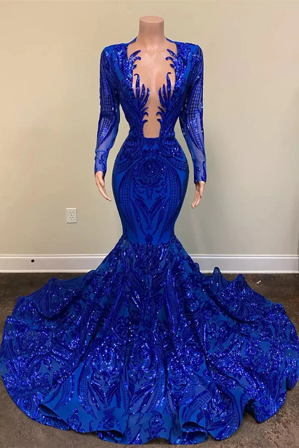 Royal Blue V-Neck Long Sleeves Sequins Mermaid Prom Dresses