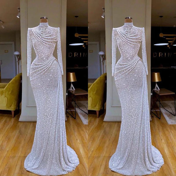 White High Neck Long Sleeves Sequins Sheath Prom Dresses With Pleat