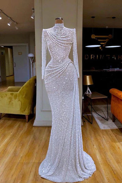 White High Neck Long Sleeves Sequins Sheath Prom Dresses With Pleat