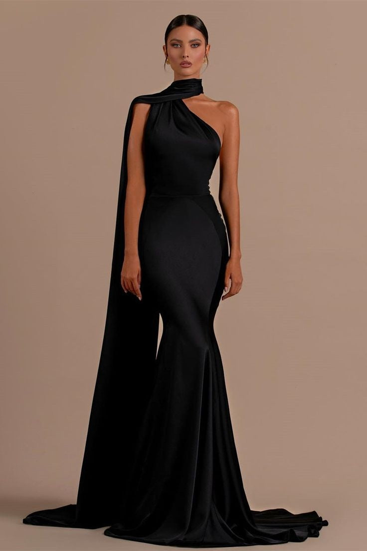 Dignified Black One Shoulder Open Back Mermaid Evening Dresses