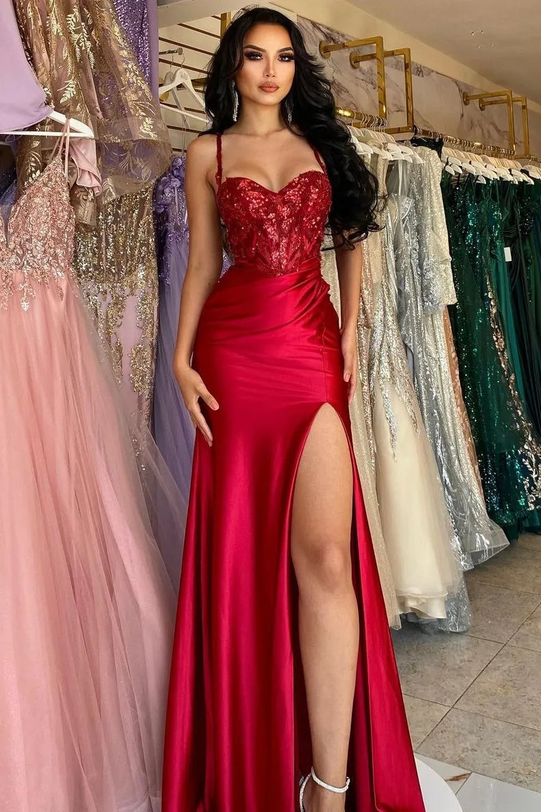 Generous Red Spaghetti Strap Front Slit Sequins Evening Dresses