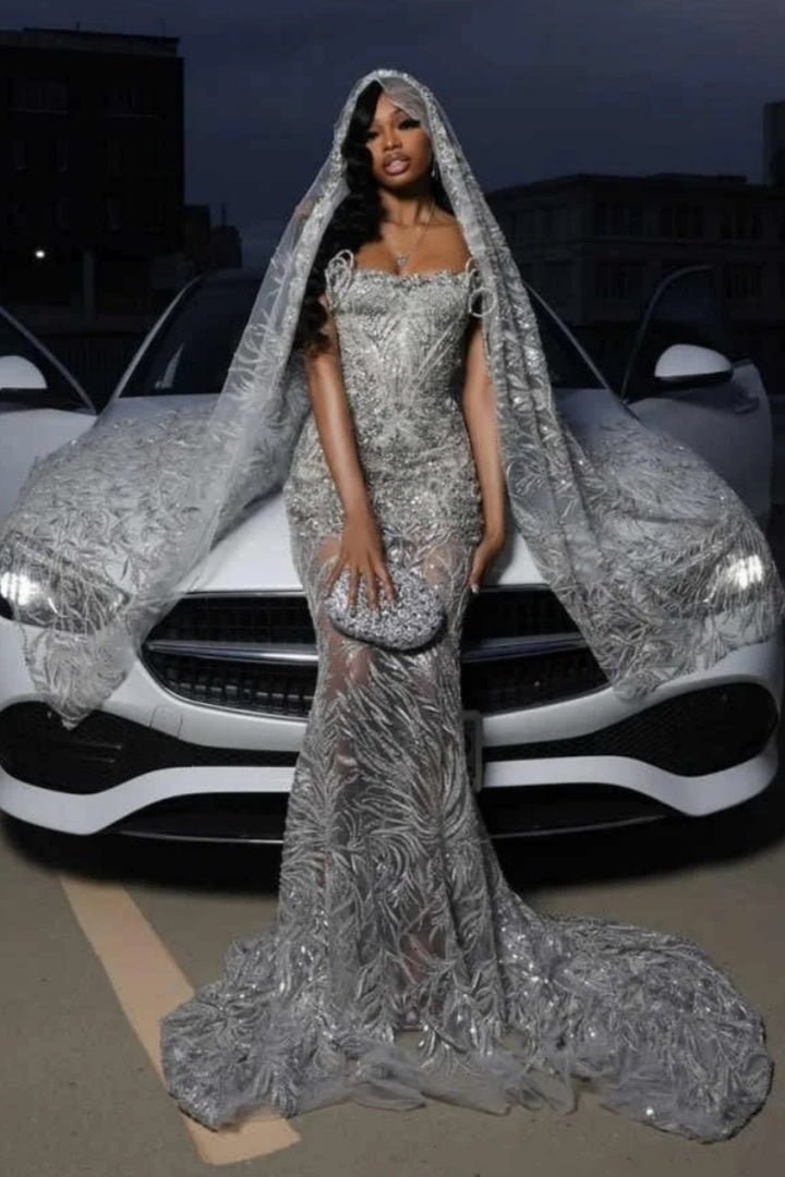 Honorable Silver Strapless Mermaid Lace Evening Dressses With Scarf