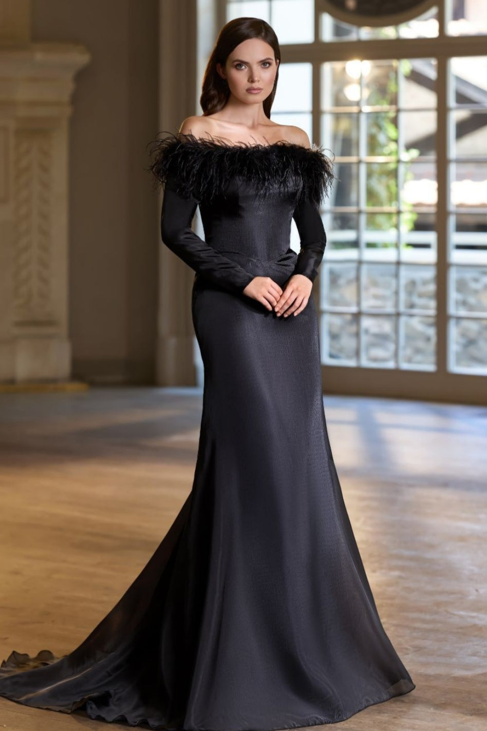 Generous Black Chiffon Mermaid Long Sleeves Evening Dresses With Feathers