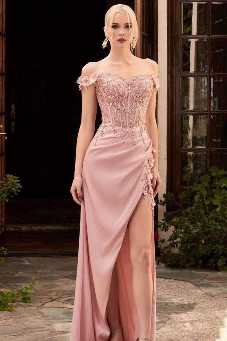 Elegant Pink Off-The-Shoulder Appliques Lace Evening Dresses