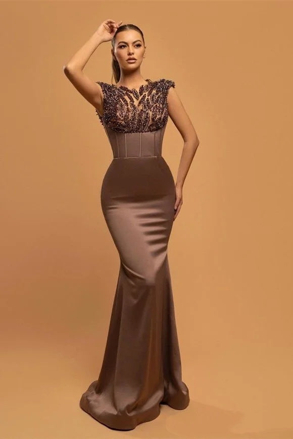 Gorgeous Chocolate Jewel Mermaid Beadings Prom Dresses