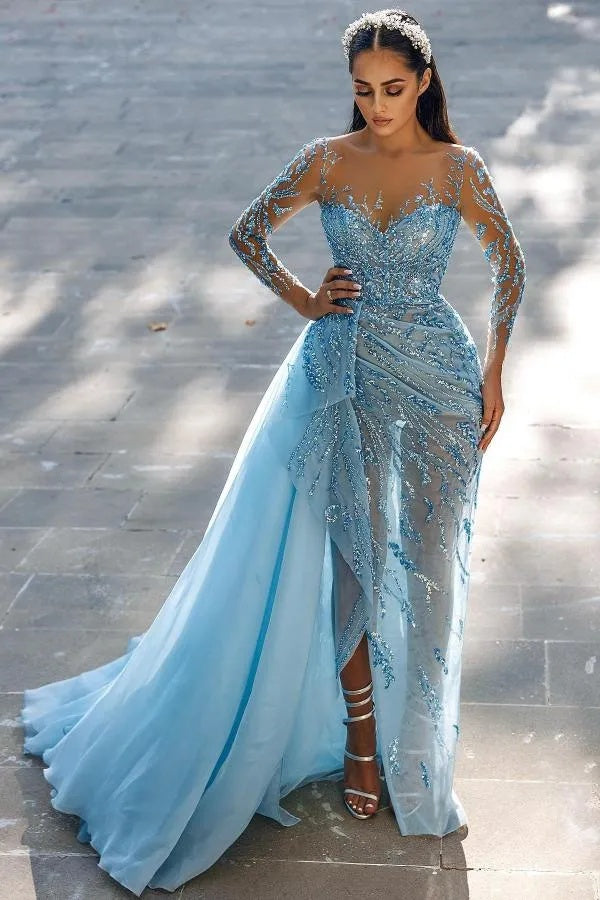 Elegant Blue Chiffon Long Sleeves Lace Appliques Evening Dresses