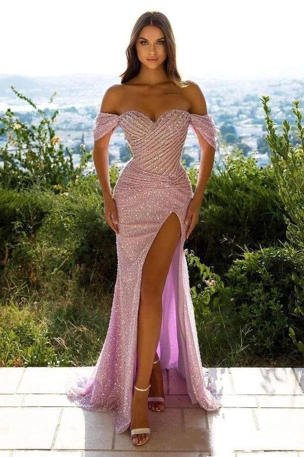 Charming Pink Off-The-Shoulder High Split Mermaid Sequins Prom Dresses