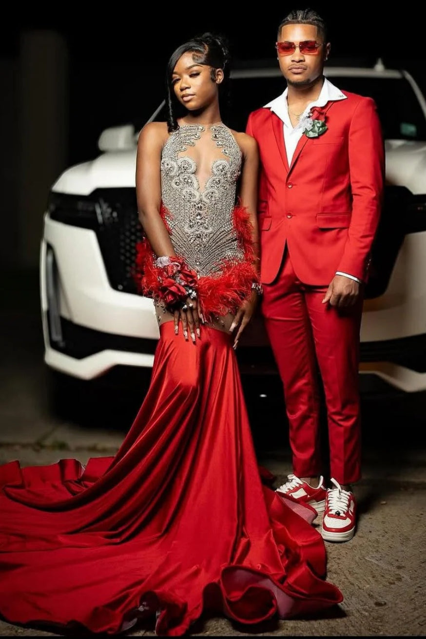 Festival Red Velvet Mermaid Beadings Prom Dresses With Feathers