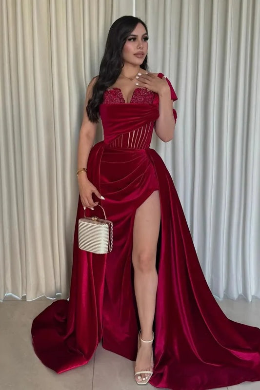 Elegant Burgundy One Shoulder V Neck A Line Appliques Evening Dresses