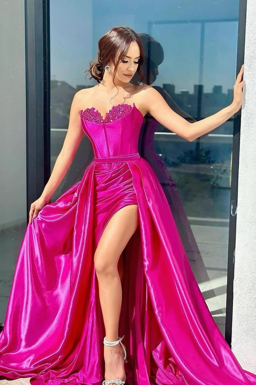 Beautiful Fuchsia Sweetheart Side Slit A Line Appliques Prom Dresses