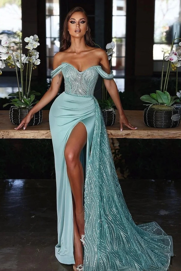 Mild Sky Blue Off-The-Shoulder Sequins High Split Prom Dresses