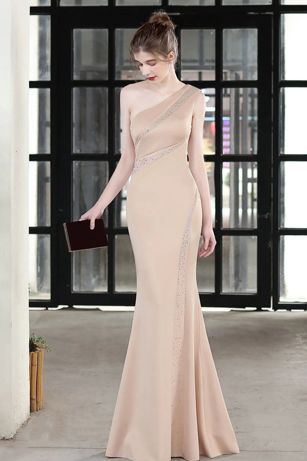 Nectarean Light Champagne One Shoulder Mermaid Beadings Evening Dresses