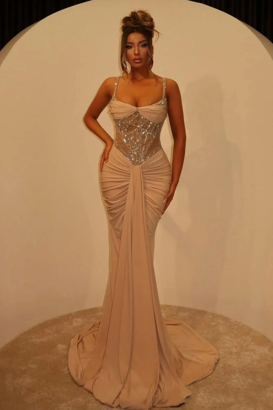 Wonderful Gold Spaghetti Strap Mermaid Prom Dresses With Pleats Beadings