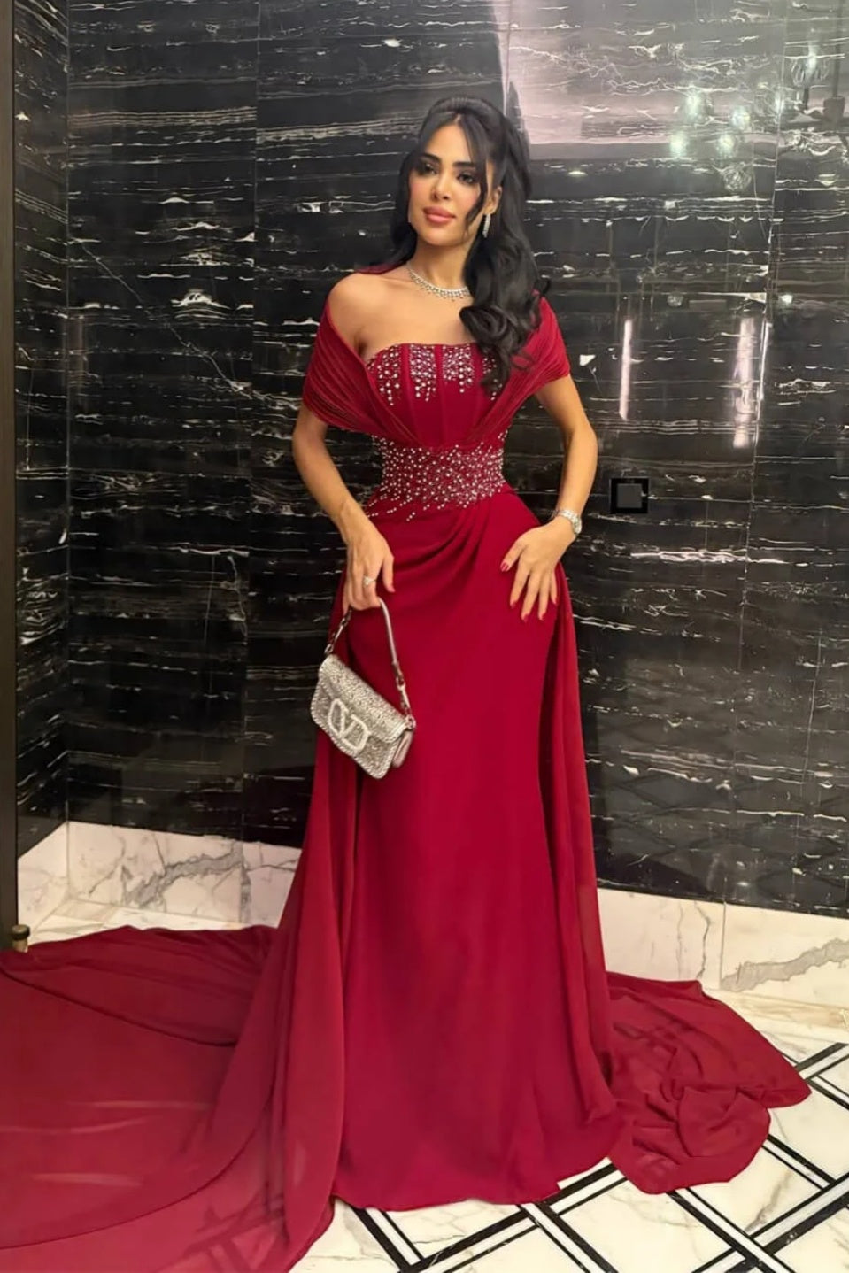 Dignified Burgundy Off-The-Shoulder Beads Chiffon Evening Dress