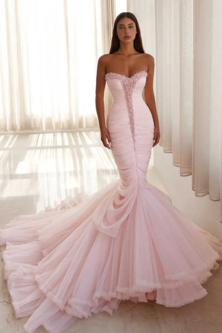 Charming Pink Sweetheart Mermaid Beadings Prom Dress With Puffy Layers