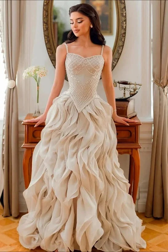 Honorable Spaghetti Strap A Line Beadings Prom Dresses With Tulle Ruffle