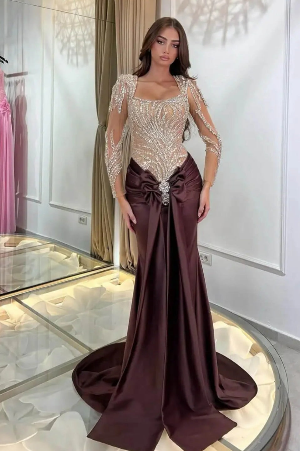 Gorgeous Brown Square Long Sleeves Mermaid Prom Dresses With Beadings