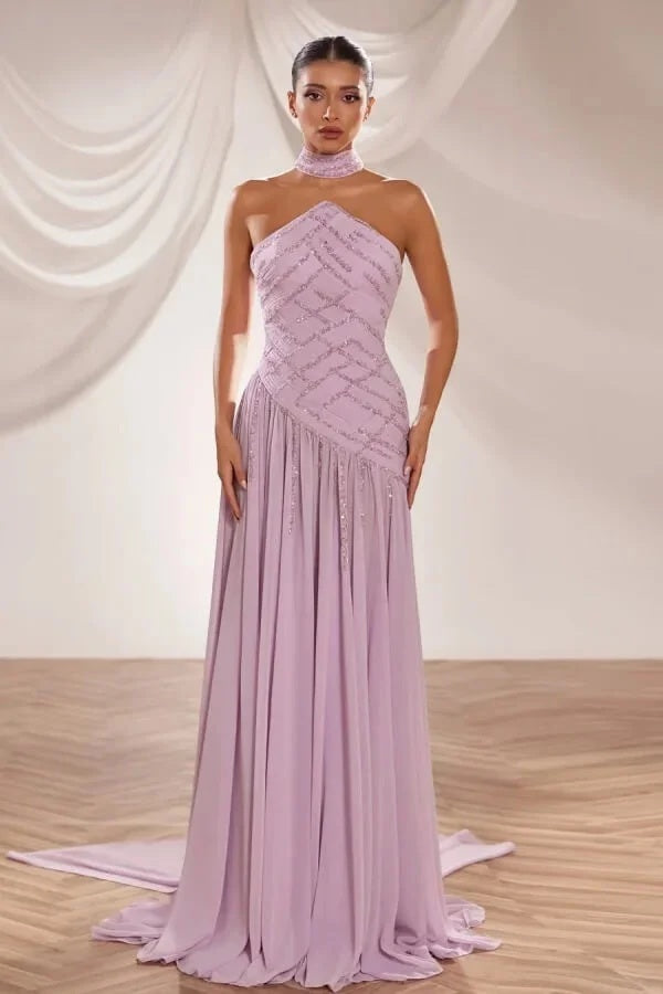 Handsome Light Purple Strapless Beadings Chiffon Prom Dresses