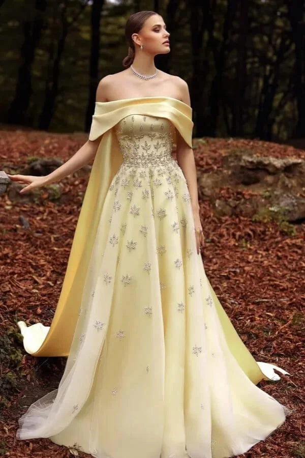 Elegant Daffodil Strapless A-Line Evening Dress With Beadings Ruffles