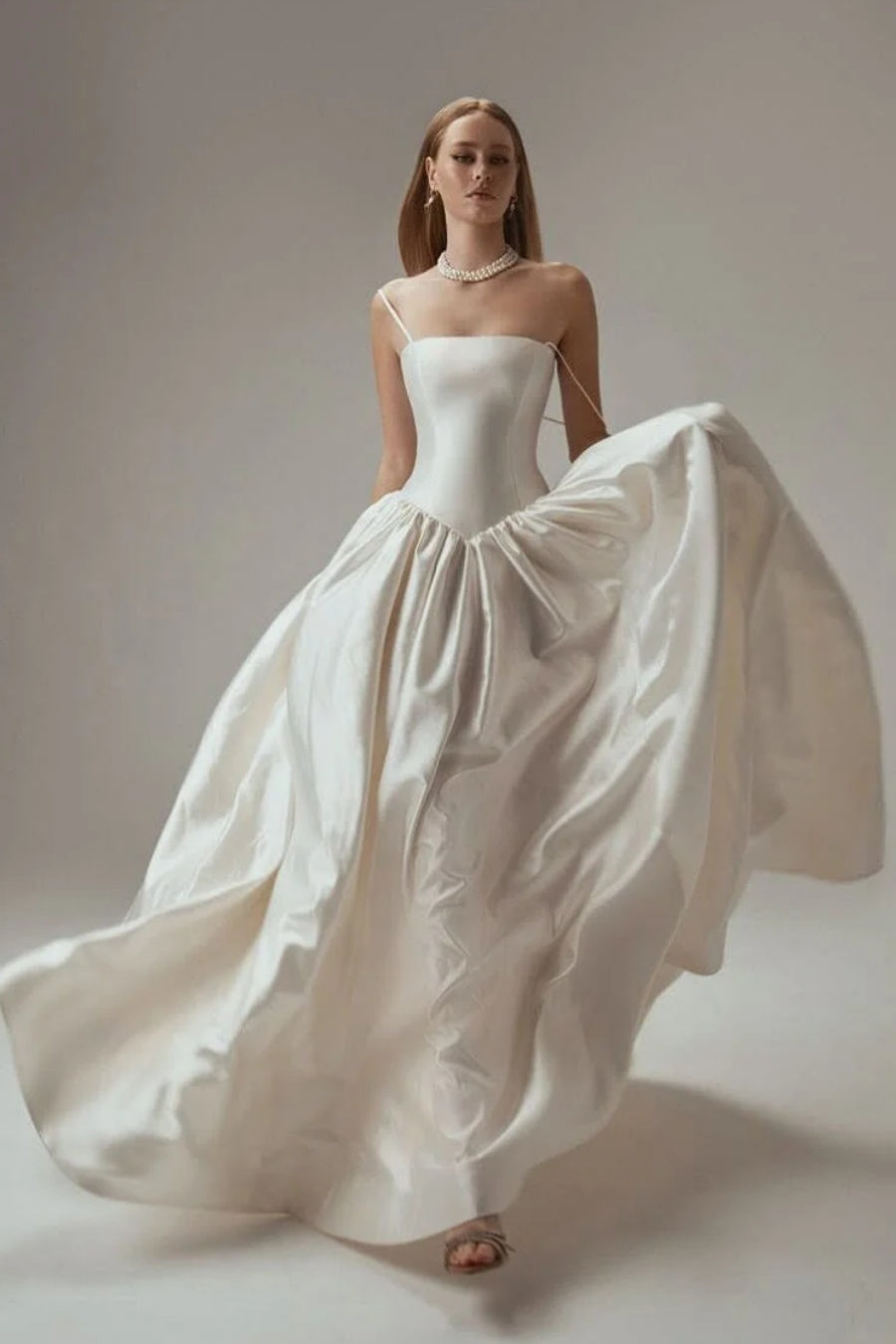 Dignified Spaghetti Strap A Line Soft Satin Wedding Dresses