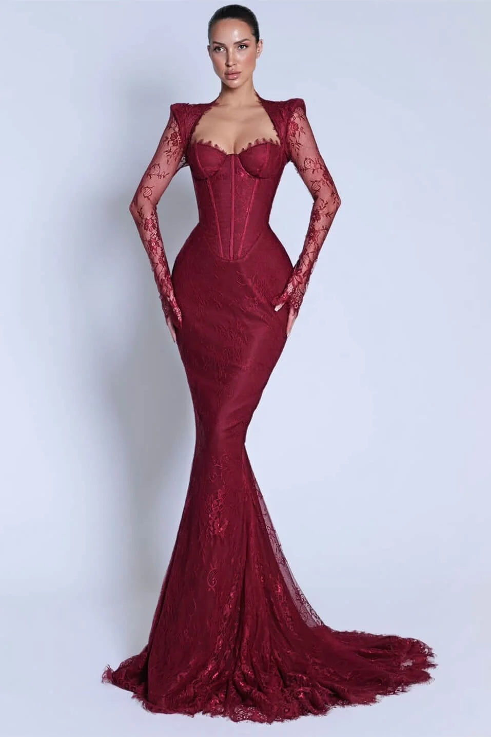 Modern Burgundy Sweetheart Long Sleeves Mermaid Lace Evening Dresses