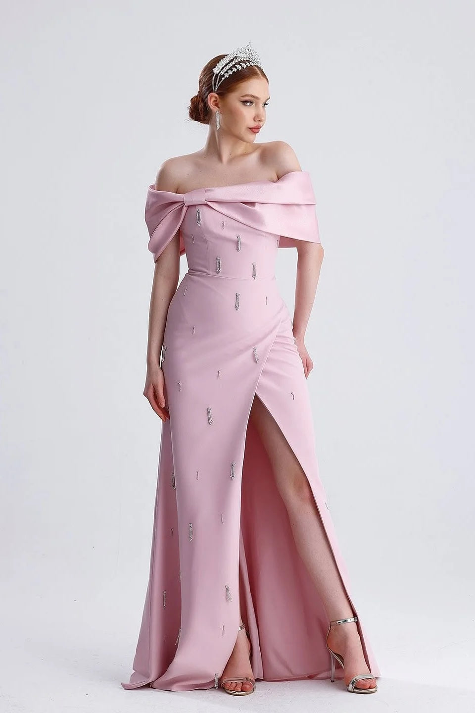 Nectarean Pink Off-The-Shoulder Mermaid High Split Beadings Prom Dresses