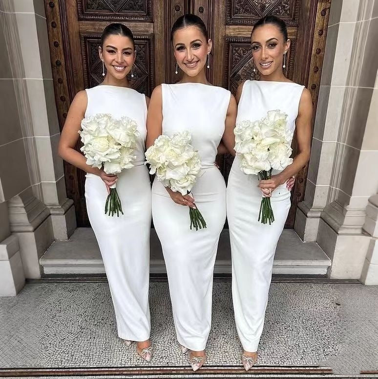 Elegant White Satin Bateau Bridesmaid Dresses