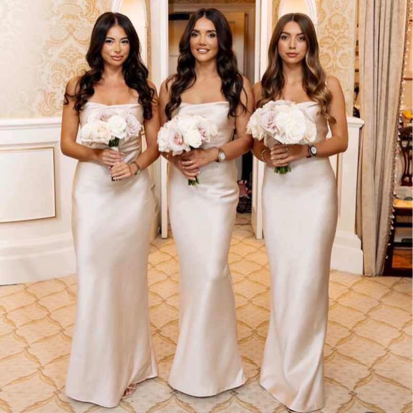 Chic Off-White Satin Spaghetti Straps Floor Length Bridesmaid Dresses