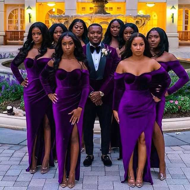 Sexy Purple Velvet Off-The-Shoulder Front Slit Bridesmaid Dresses
