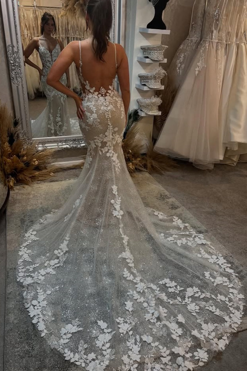 Fashion Tulle Spaghetti Strap Appliques Backless Mermaid Beach Wedding Dresses