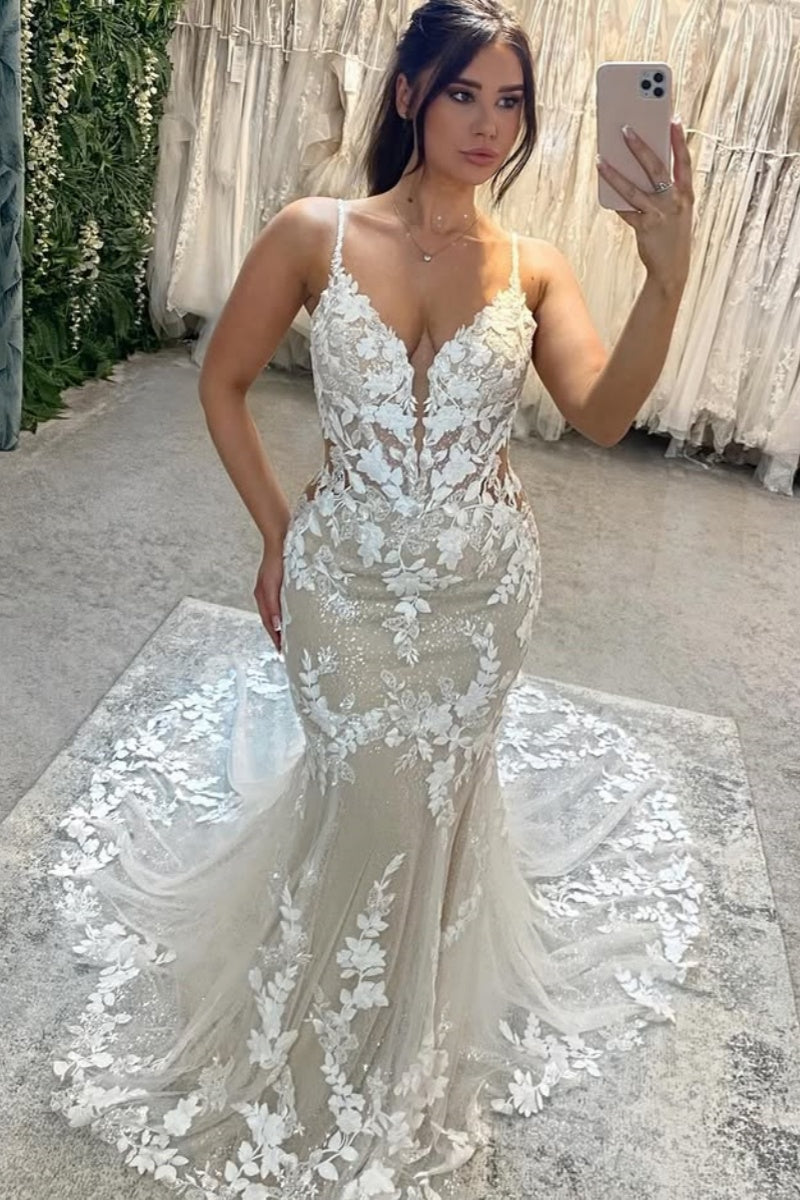Fashion Tulle Spaghetti Strap Appliques Backless Mermaid Beach Wedding Dresses