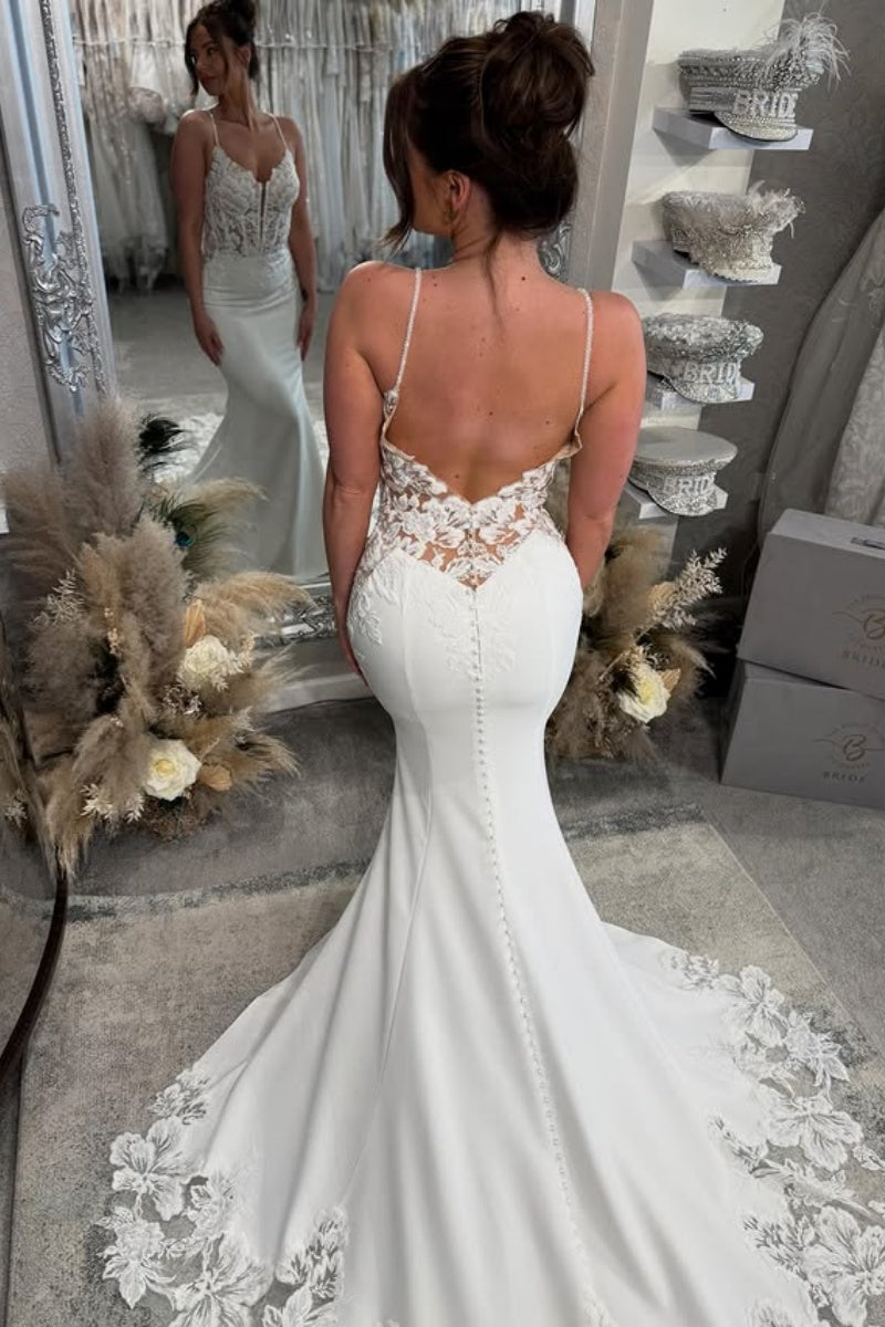 Decent Soft Satin Spaghetti Strap Appliques Backless Mermaid Beach Wedding Dresses