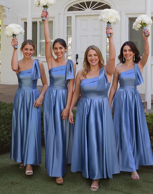Lovely Blue Satin One Shoulder A-Line Bridesmaid Dresses