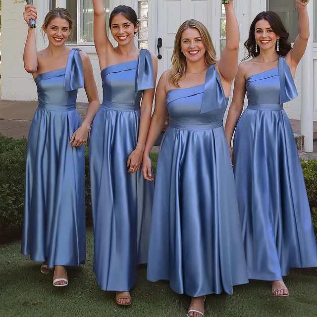 Lovely Blue Satin One Shoulder A-Line Bridesmaid Dresses