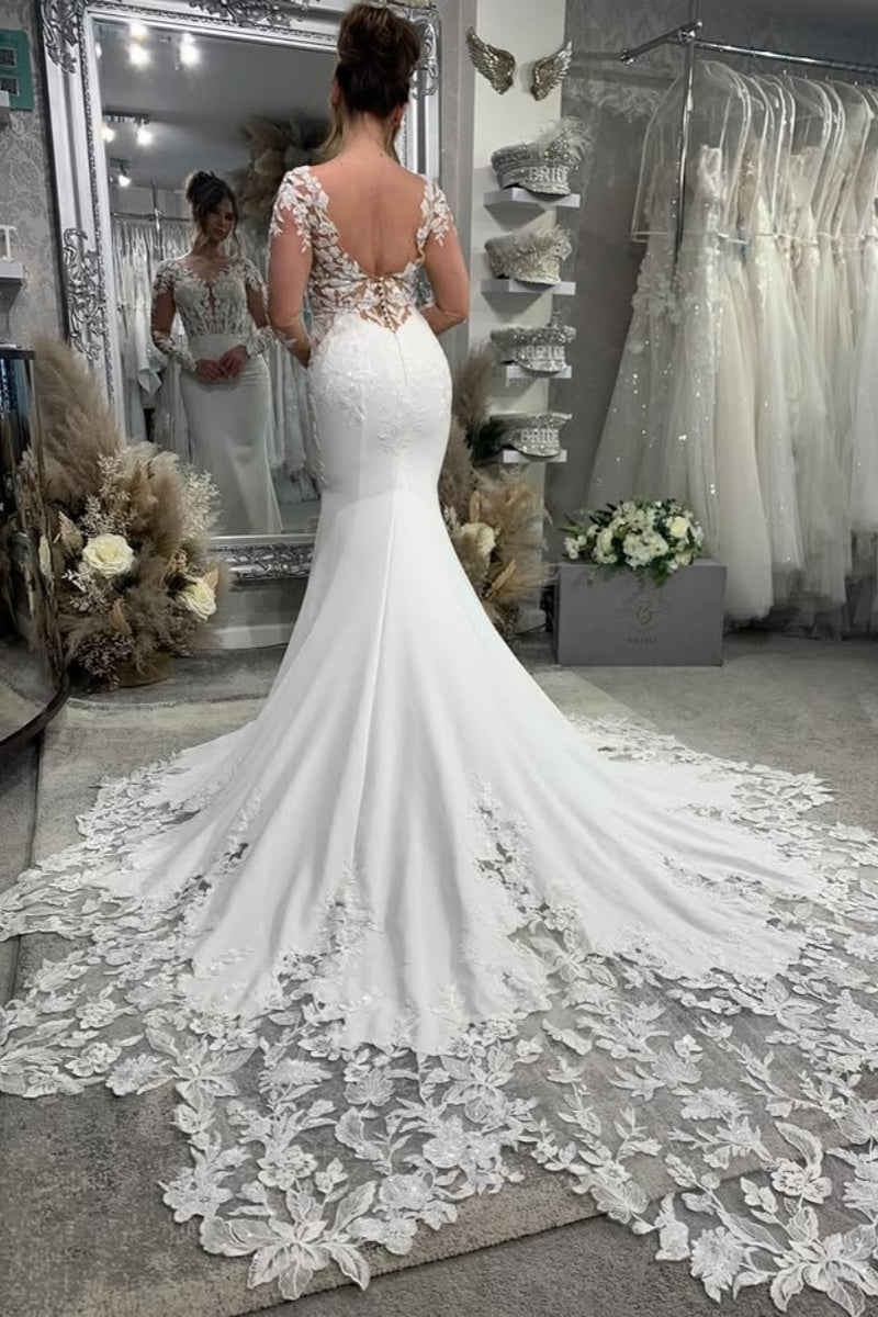Chic V-Neck Long Sleeves Appliques Backless Mermaid Wedding Dresses
