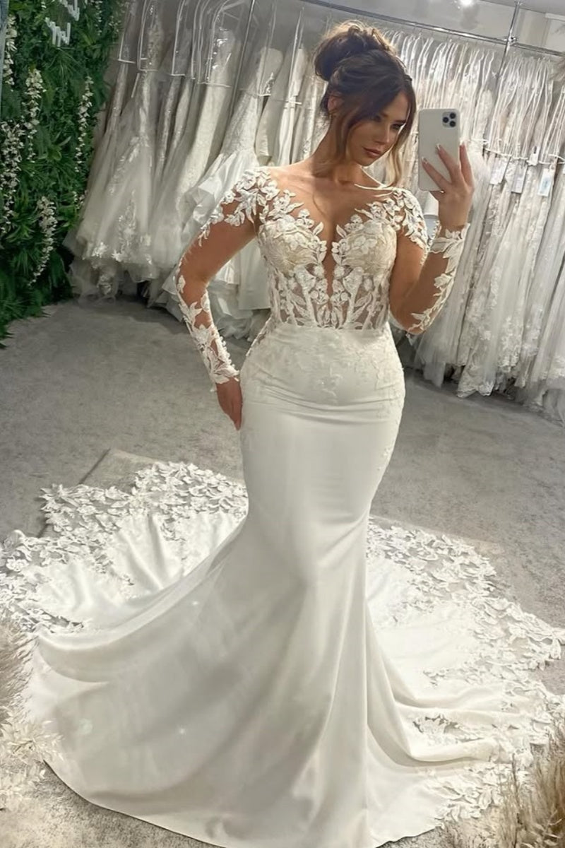 Chic V-Neck Long Sleeves Appliques Backless Mermaid Wedding Dresses