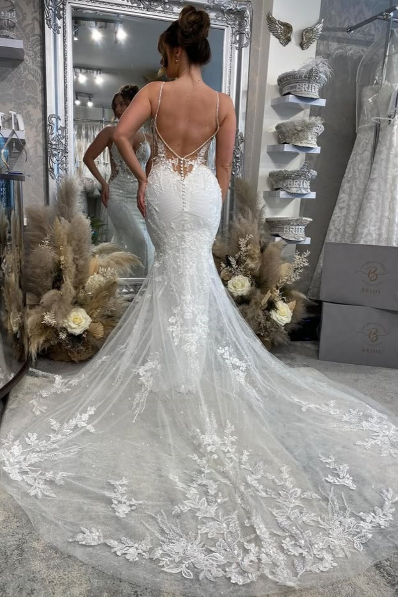 Fancy Spaghetti Strap Mermaid Backless Beaching Wedding Dresses With Appliques