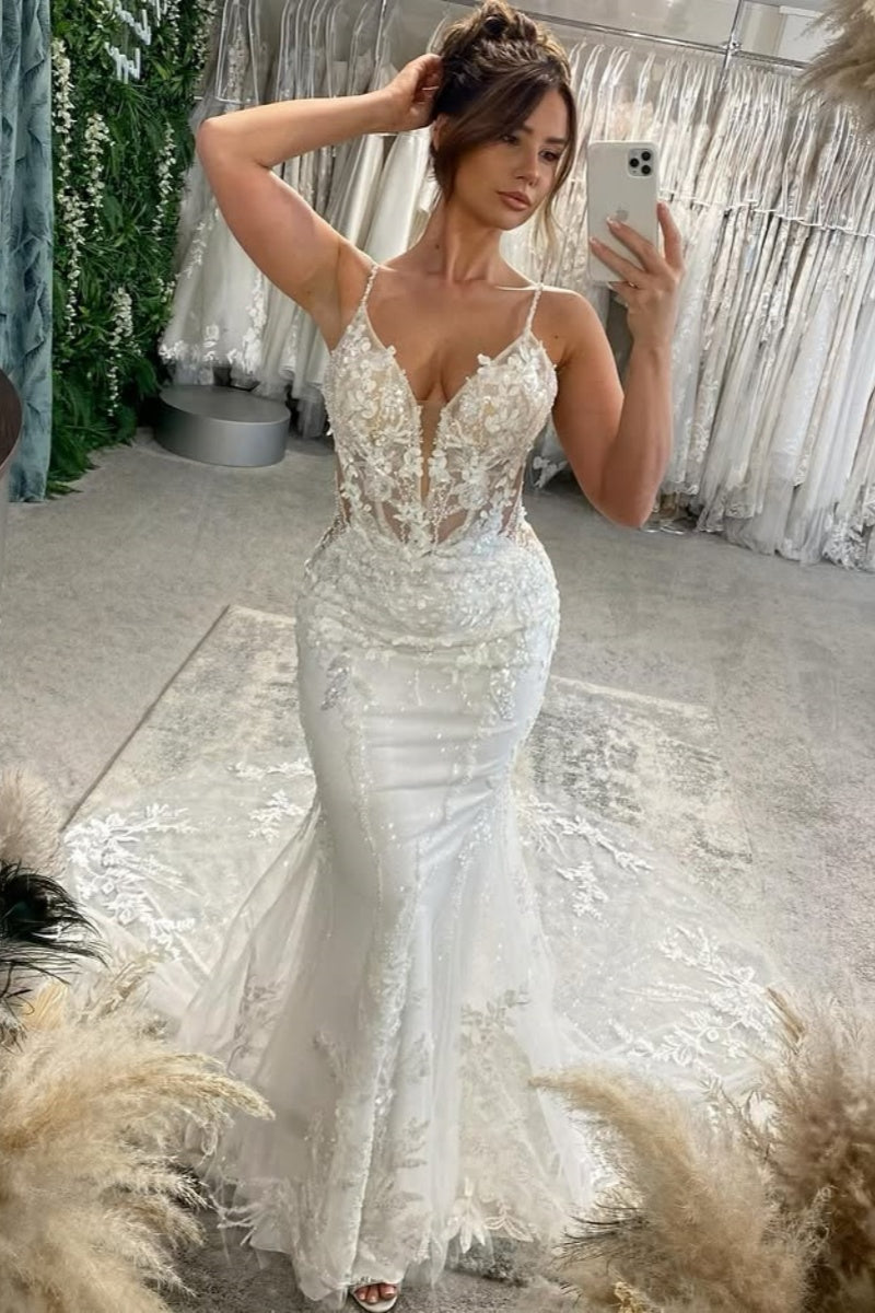 Fancy Spaghetti Strap Mermaid Backless Beaching Wedding Dresses With Appliques