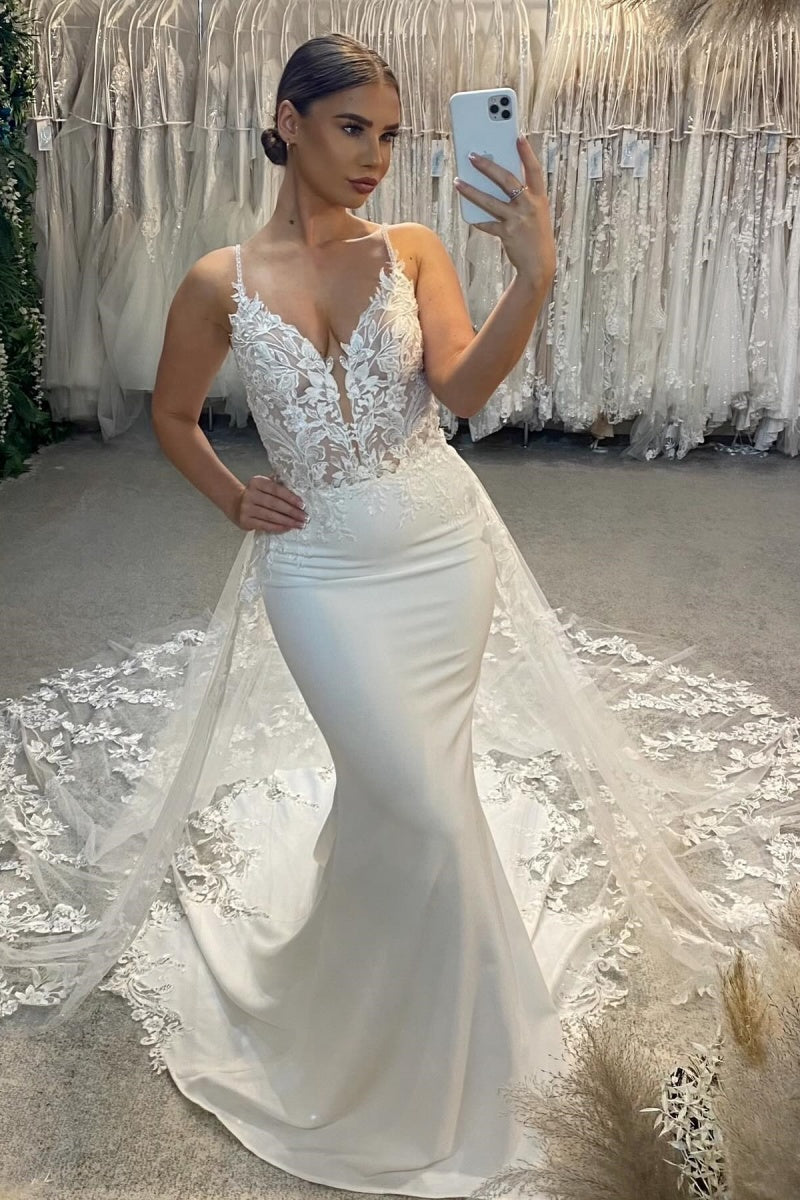 Handsome Spaghetti Strap Appliques Mermaid Backless Beach Wedding Dresses