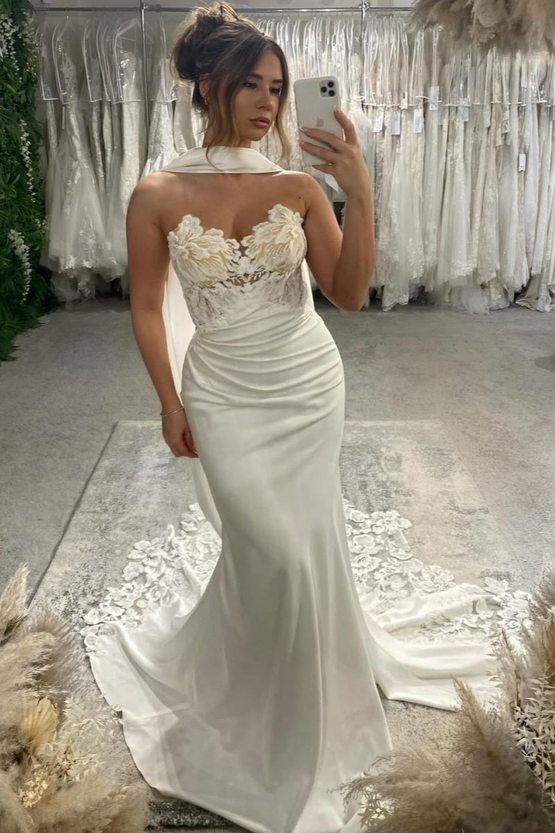 Generous Soft Satin Strapless Mermaid Appliques Beach Wedding Dresses With Sash