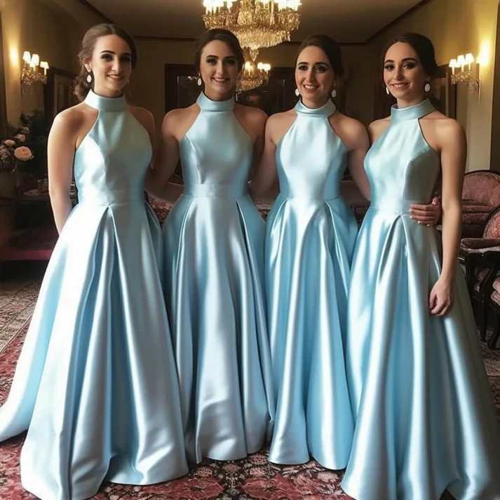 Gentle Blue Halter A-Line Sleeveless Bridesmaid Dresses