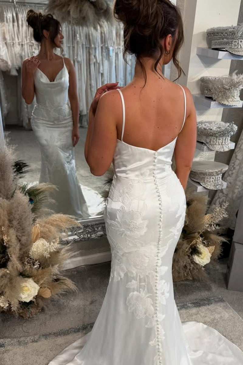 Exquisite Spaghetti Strap Jacquard Soft Satin Mermaid Backless Wedding Dresses