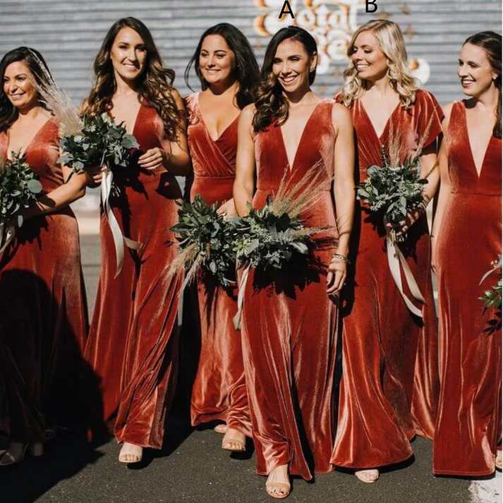 Serious Rust Red Velvet V-Neck Sleeveless Bridesmaid Dresses