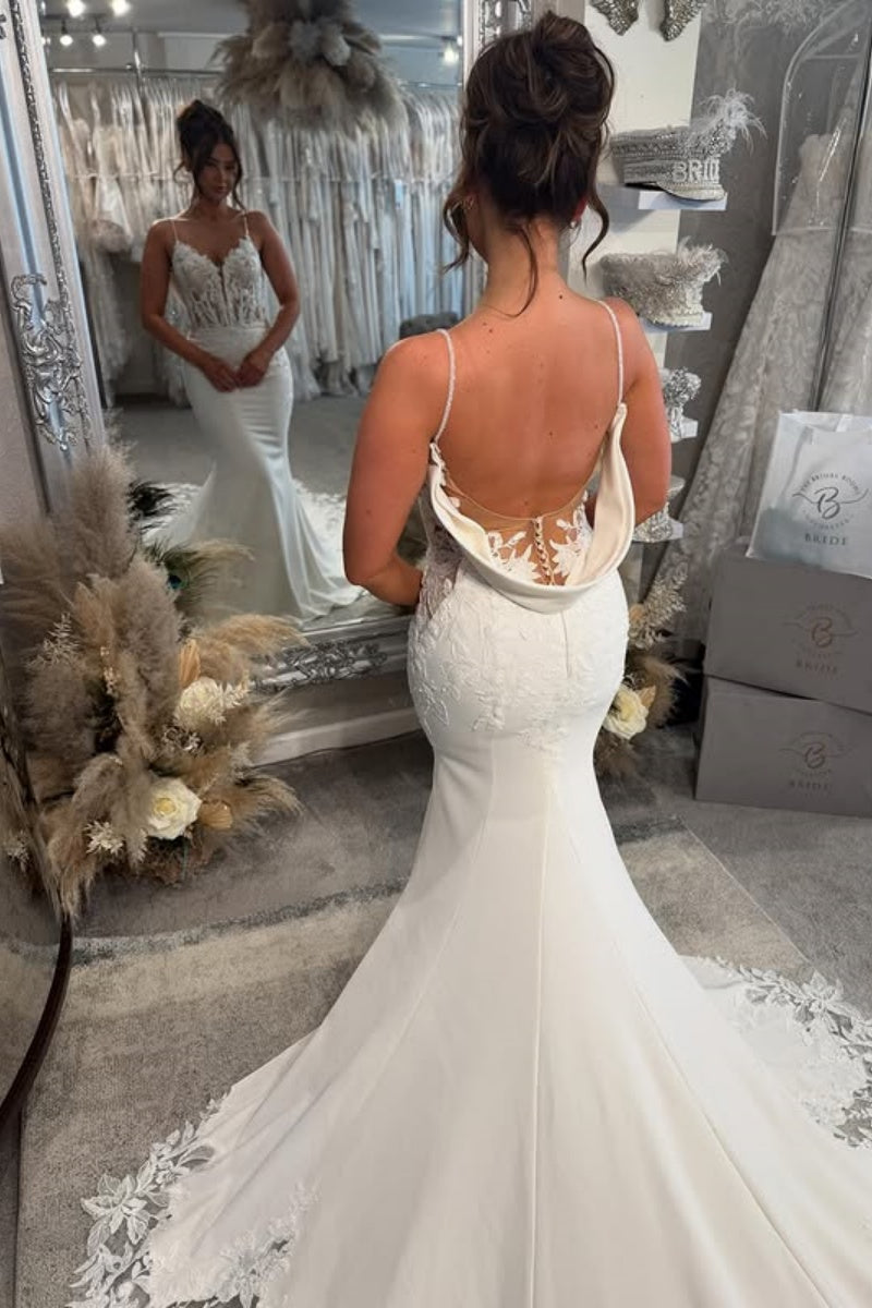 Sexy Spaghetti Strap Backless Mermaid Wedding Dresses With Appliques